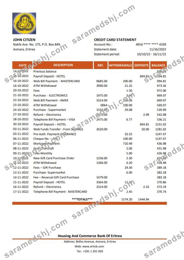 Eritrea Housing and Commerce Bank statement